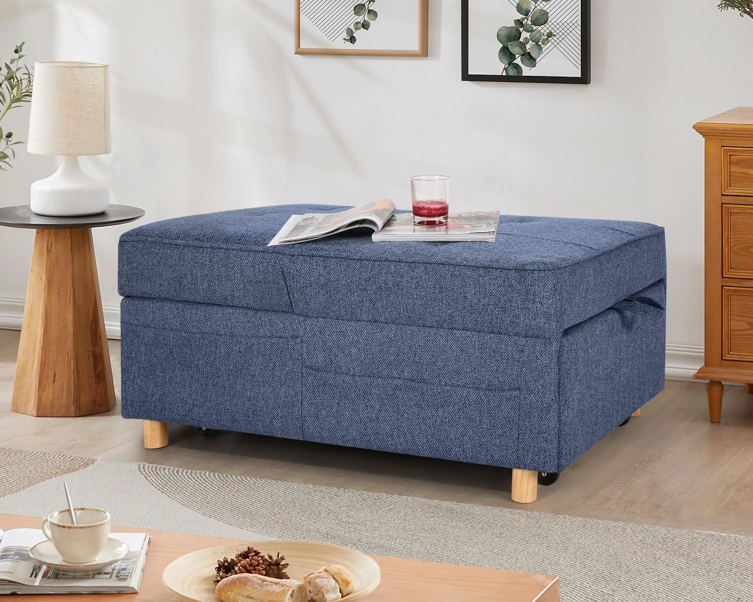 SEJOV Sleeper Sofa Chair Bed,4-in-1 Convertible Sofa Bed Chair with 6 Adjustable Backrest and Pillow, 3-Seat Pull Out Sleeper Chair Linen No Backrest for Bedroom Small Space Living Room, Navy Blue