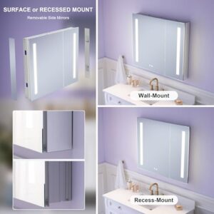 WELLFOR 36" X 30" LED Medicine Cabinet with Mirror, Double Opening Door, Recessed or Surface Cabinet Mirror, Bathroom Mirror Cabinet, Medicine Cabinet with Lights with Outlets & USB Ports