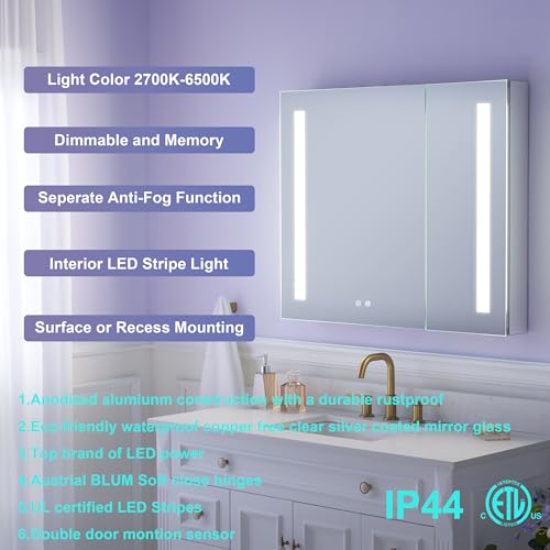 WELLFOR 36" X 30" LED Medicine Cabinet with Mirror, Double Opening Door, Recessed or Surface Cabinet Mirror, Bathroom Mirror Cabinet, Medicine Cabinet with Lights with Outlets & USB Ports