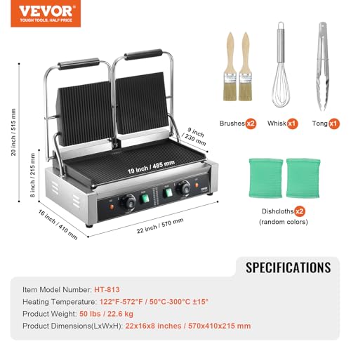 VEVOR Commercial Panini Grill, 3600W Electric Sandwich Panini Maker, Stainless Steel Double Sandwich Press, Panini Grill Temp Control & 19"x9" Full Grooved Enamel Plate, for Hamburger Steak Bacon