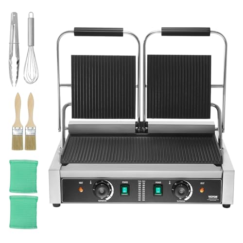 VEVOR Commercial Panini Grill, 3600W Electric Sandwich Panini Maker, Stainless Steel Double Sandwich Press, Panini Grill Temp Control & 19"x9" Full Grooved Enamel Plate, for Hamburger Steak Bacon