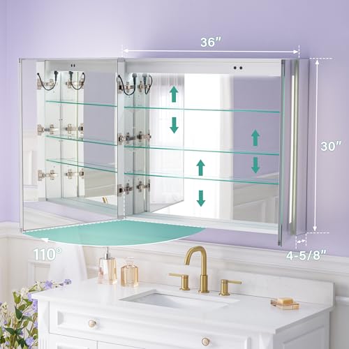 WELLFOR 36" X 30" LED Medicine Cabinet with Mirror, Double Opening Door, Recessed or Surface Cabinet Mirror, Bathroom Mirror Cabinet, Medicine Cabinet with Lights with Outlets & USB Ports