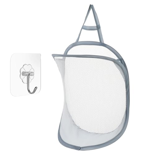 Qianyu Mesh Collapsible Laundry Baskets Pop Up Laundry Hamper Bag Small Wall Foldable Clothe Storage with Self-Adhesive Hook Portable Laundry Bin for Washing Kids Toy Chest University Dormitory Travel