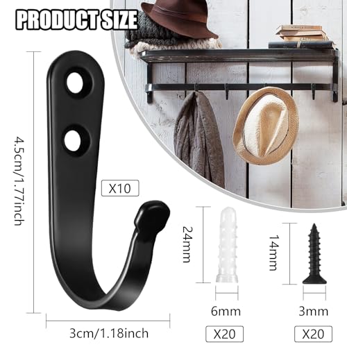 Qianyu 10 Pcs Black Wall Mounted Coat Hooks No Rust Metal Heavy Duty Single Prong Hanger Hook with 20 Pieces Screws for Hanging Hat Towel Key Robe Coats Scarf Bag Cap Coffee Cup Mugs