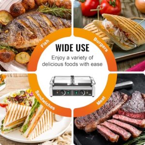 VEVOR Commercial Panini Grill, 3600W Electric Sandwich Panini Maker, Stainless Steel Double Sandwich Press, Panini Grill Temp Control & 19"x9" Full Grooved Enamel Plate, for Hamburger Steak Bacon