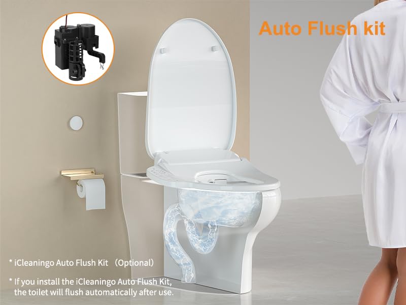 Bundle iCleaningo DC01 Auto Open/Close Elongated Bidet Toilet Seat & iCleaningo F1 Auto Flush Kit for Side-Flush Toilets