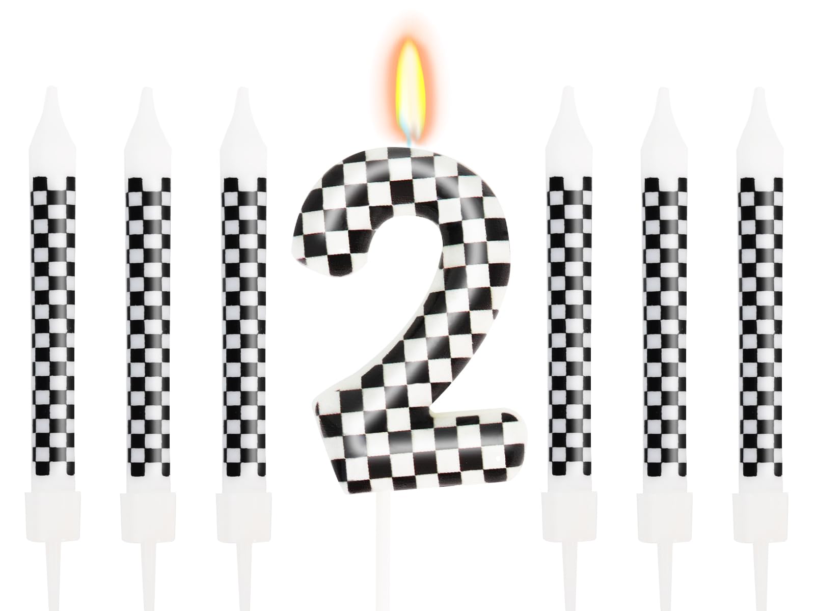 7 Pcs Number 2 Racing Cars Birthday Candle Set, Race Car Theme Cake Topper, Truck Themed Birthday Party Decorations, Black White Checkered Candles