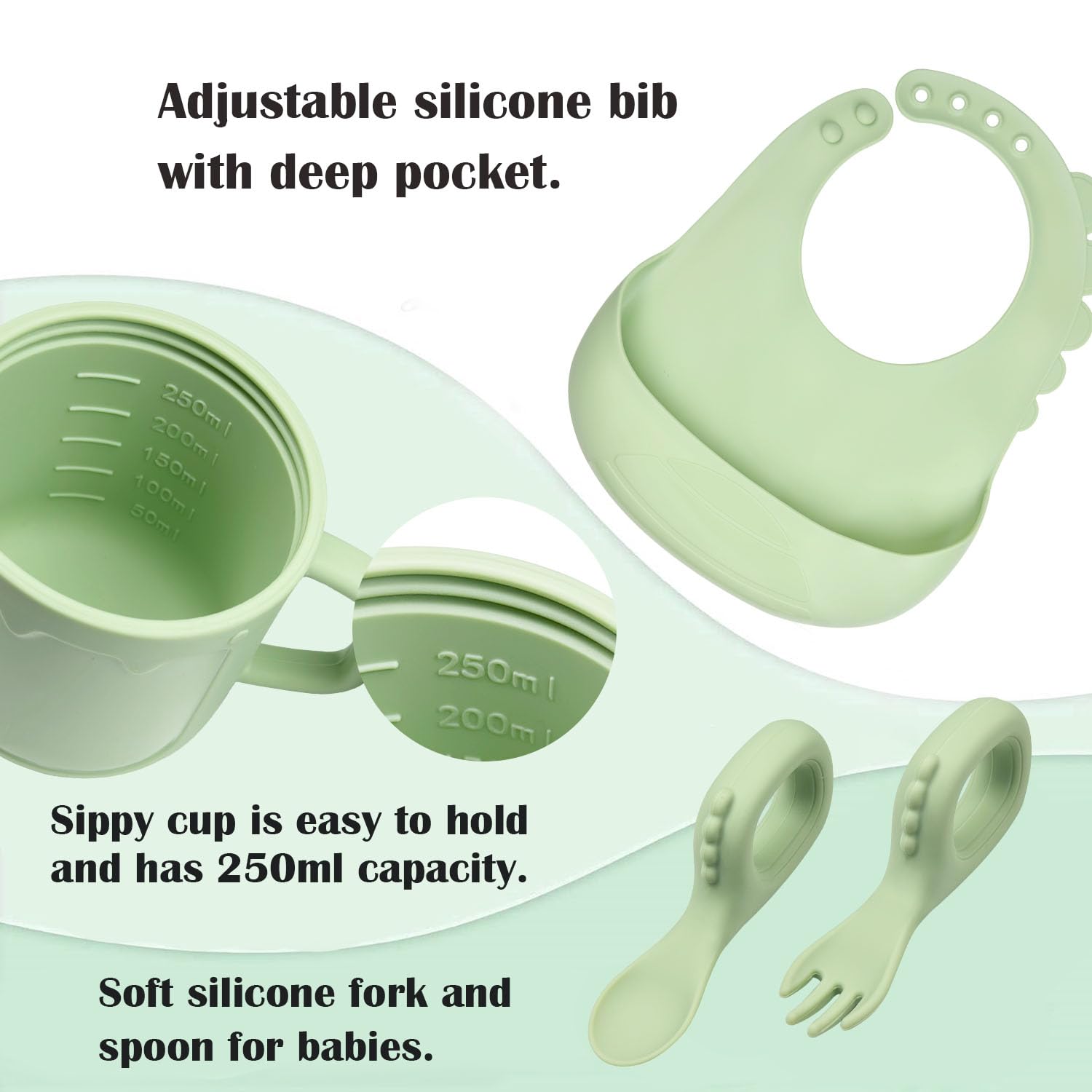 Dinosaur Silicone Baby Feeding Set, Baby Led Weaning Supplies, Dino Shapes Toddler Suction Plate and Bowl with Spoon Fork Sippy Cup Bib, Self Feeding Silicone Tableware, Green