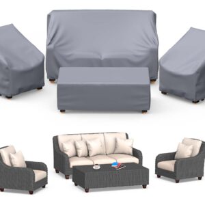 Mrrihand Patio Furniture Covers, 4 Piece Outdoor Furniture Cover Waterproof includ Ourdoor Sofa Cover, 2 Chair Covers, Coffee Table Cover with Windproof Buckle Strap and Adjustable Drawstring