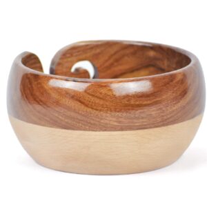 CRAFT INDIA Large Wooden Yarn Bowl | Handmade Knitting Wool Storage Bowl | Yarn Holder Dispenser with Holes to Prevent Slipping and Tangles for Knitting & Crocheting (Brown & Offwhite)