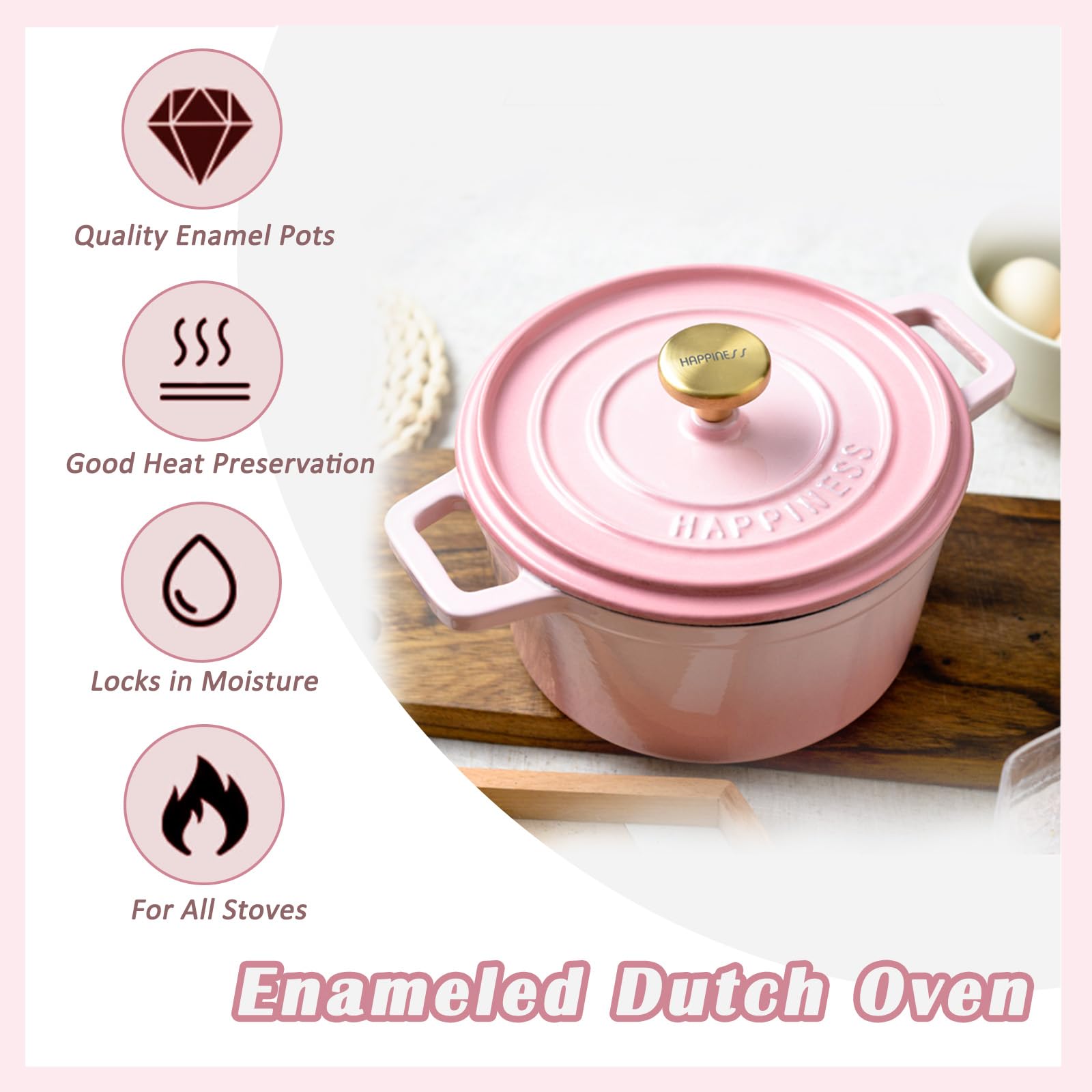 Enameled Cast Iron Dutch Oven, Pink Nonstick Dutch Oven Pot with Lid, Round Enamel Cookware for Braising Stewing Roasting Baking, Good Sealing, Cooking Pot Suitable for All Stoves (Pink)