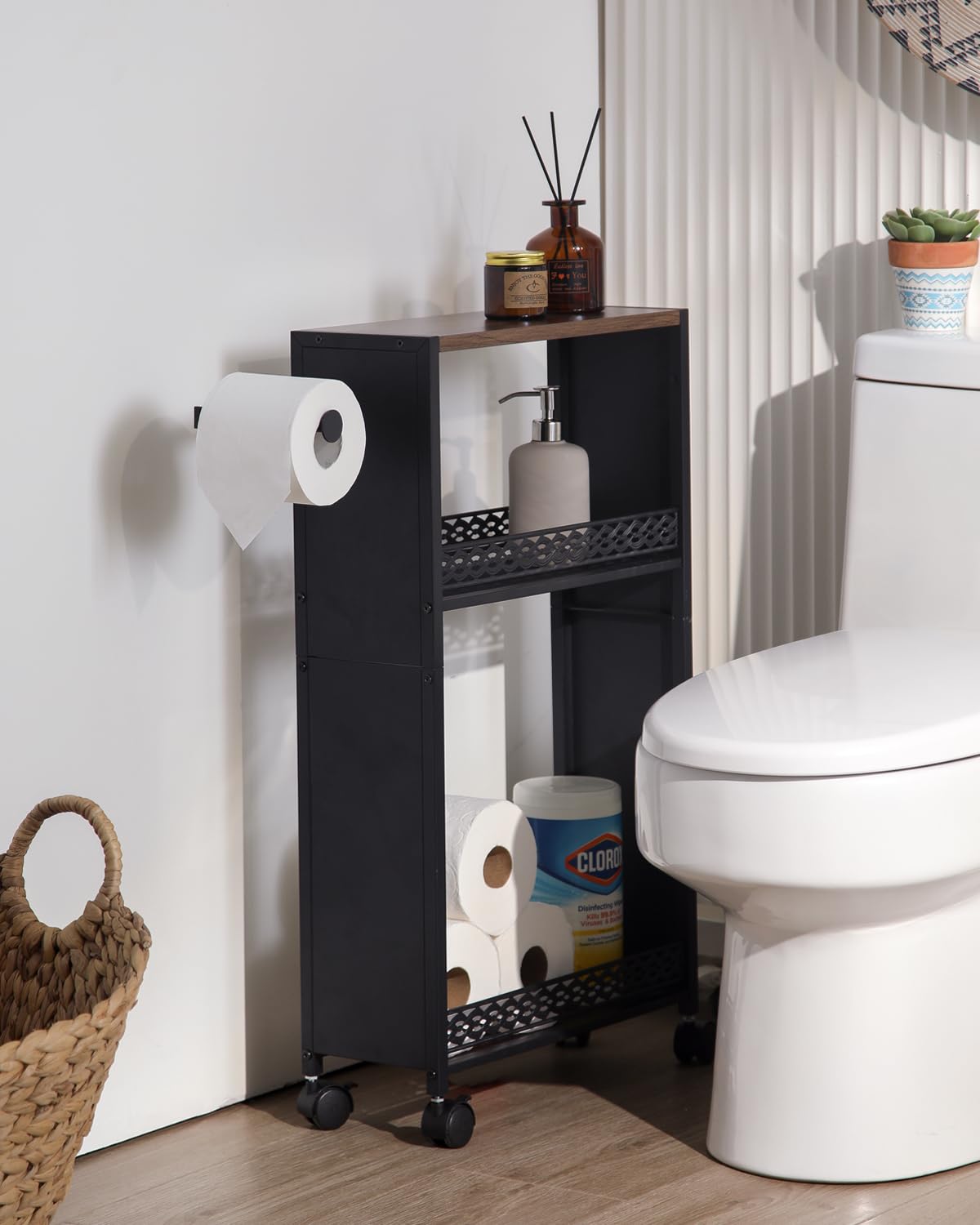 OhuaCason Toilet Paper Holder Stand for Small Bathroom Storage:Skinny Bathroom Storage Cabinet for Small Spaces Tiny Apartment