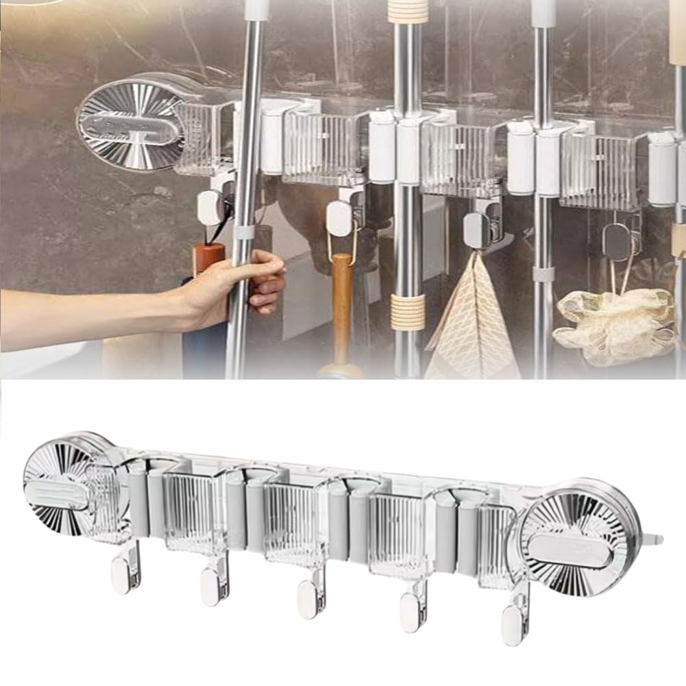 Suction Cup Mop Wall Hanging,Bathroom Row Suction Cup Mop Clip,Sliding Brooms Mop Holders,Organizer Mop And Broom Storage Tool Rack,for Laundry Room