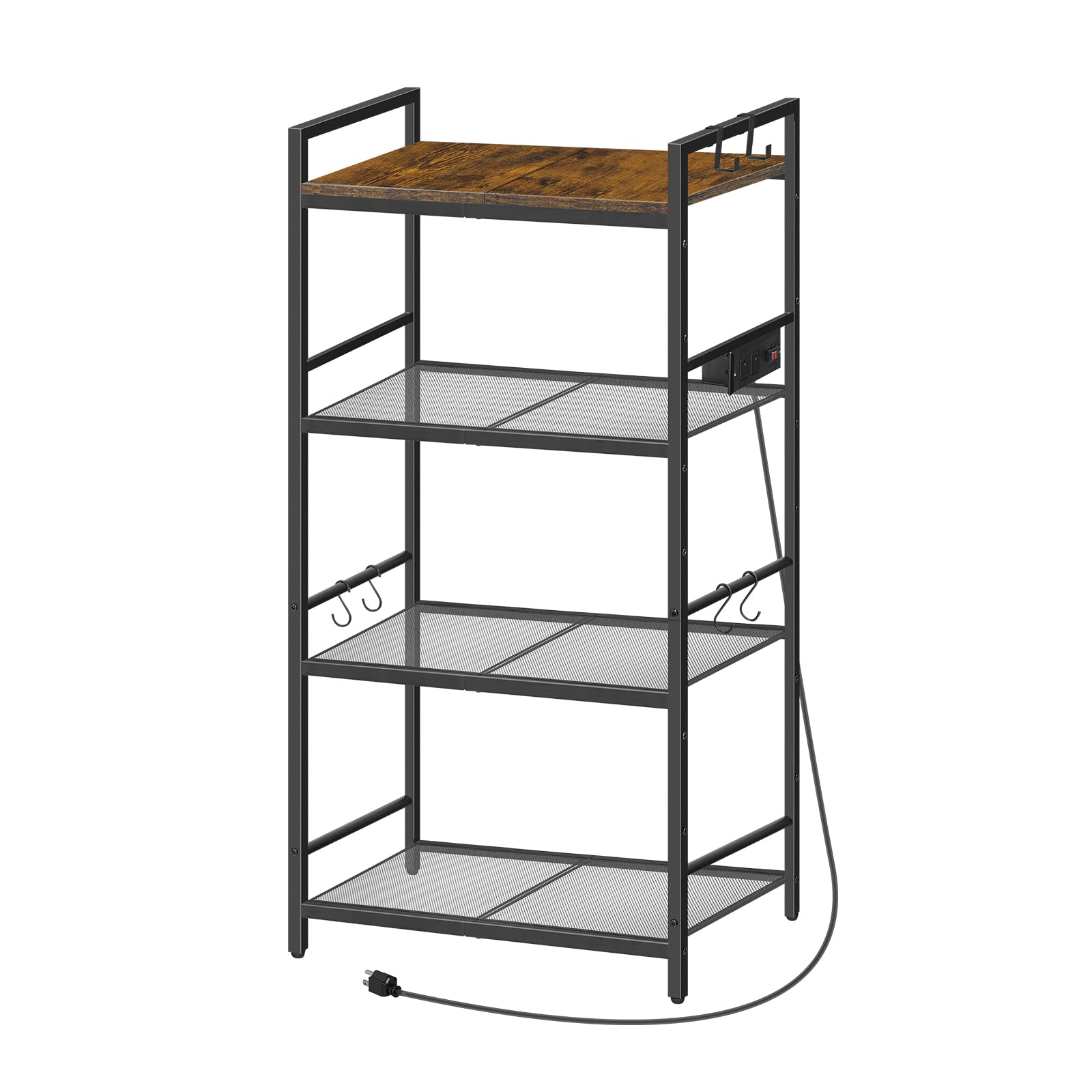 MAHANCRIS Bakers Rack with Power Outlet, Microwave Stand with Hooks, Multifunctional Storage Rack, Coffee Bar with Enclosure, Kitchen Storage Shelf, for Kitchen, Dining Room, Rustic Brown BRHR40E01N1