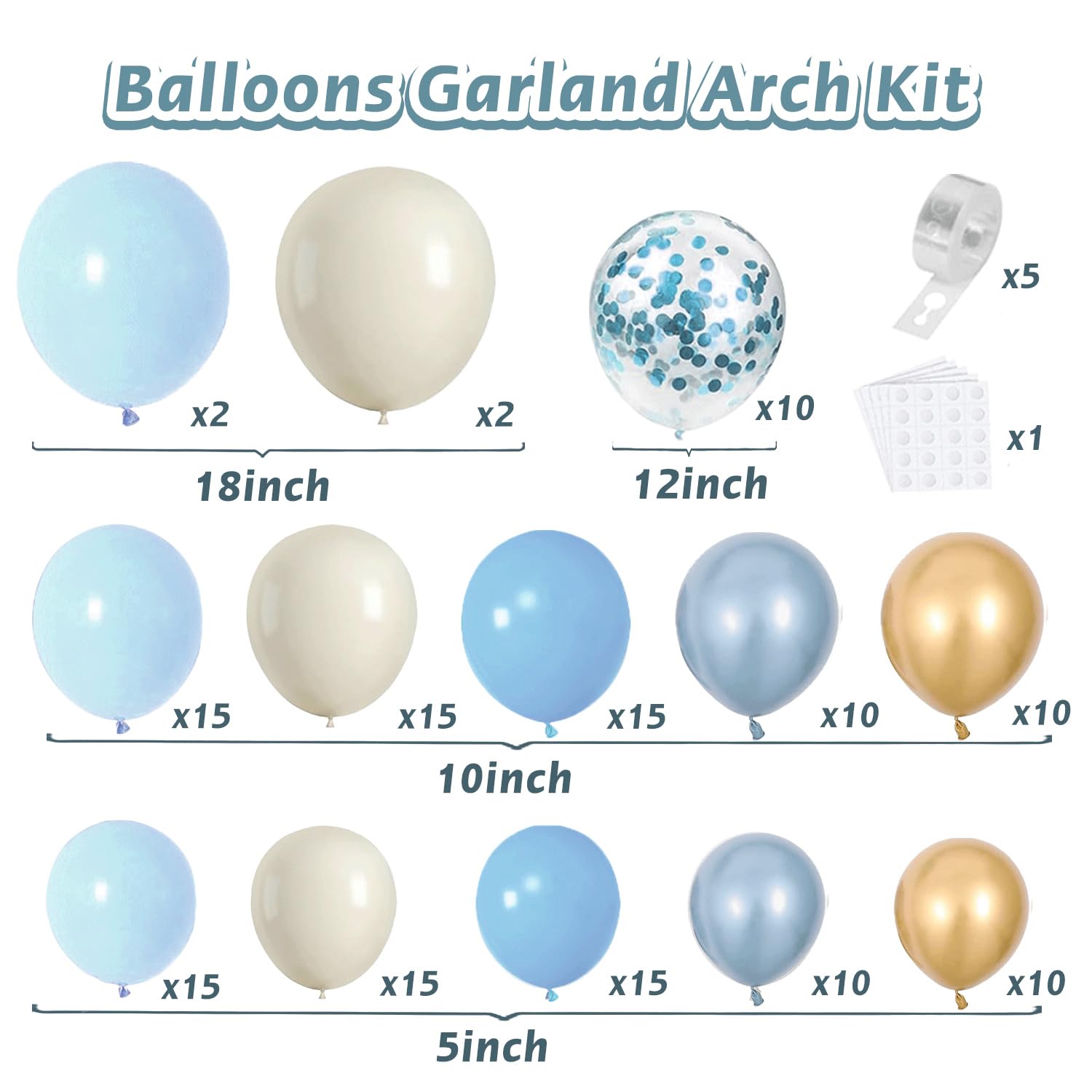 Dusty Blue Balloons Garland Arch Kit, Dusty Pastel Baby Blue Balloon White Sand Chrome Gold Blue Confetti Latex Balloons for Boy Baby Shower Bridal Shower Gender Reveal Birthday Party Decorations