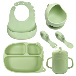 dinosaur silicone baby feeding set, baby led weaning supplies, dino shapes toddler suction plate and bowl with spoon fork sippy cup bib, self feeding silicone tableware, green