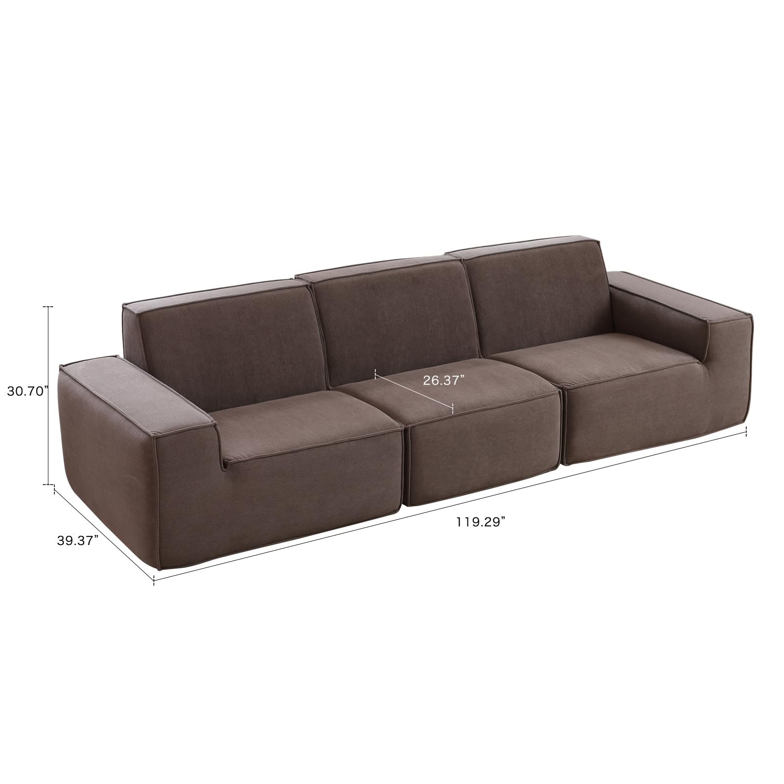 FUKAYI Sectional Couch Modern Compression Sofa 3-Seat Modular Sectionals Sofa Couch Corduroy Sofa for Living Room, Apartment, Studio, Office, Dark Brown