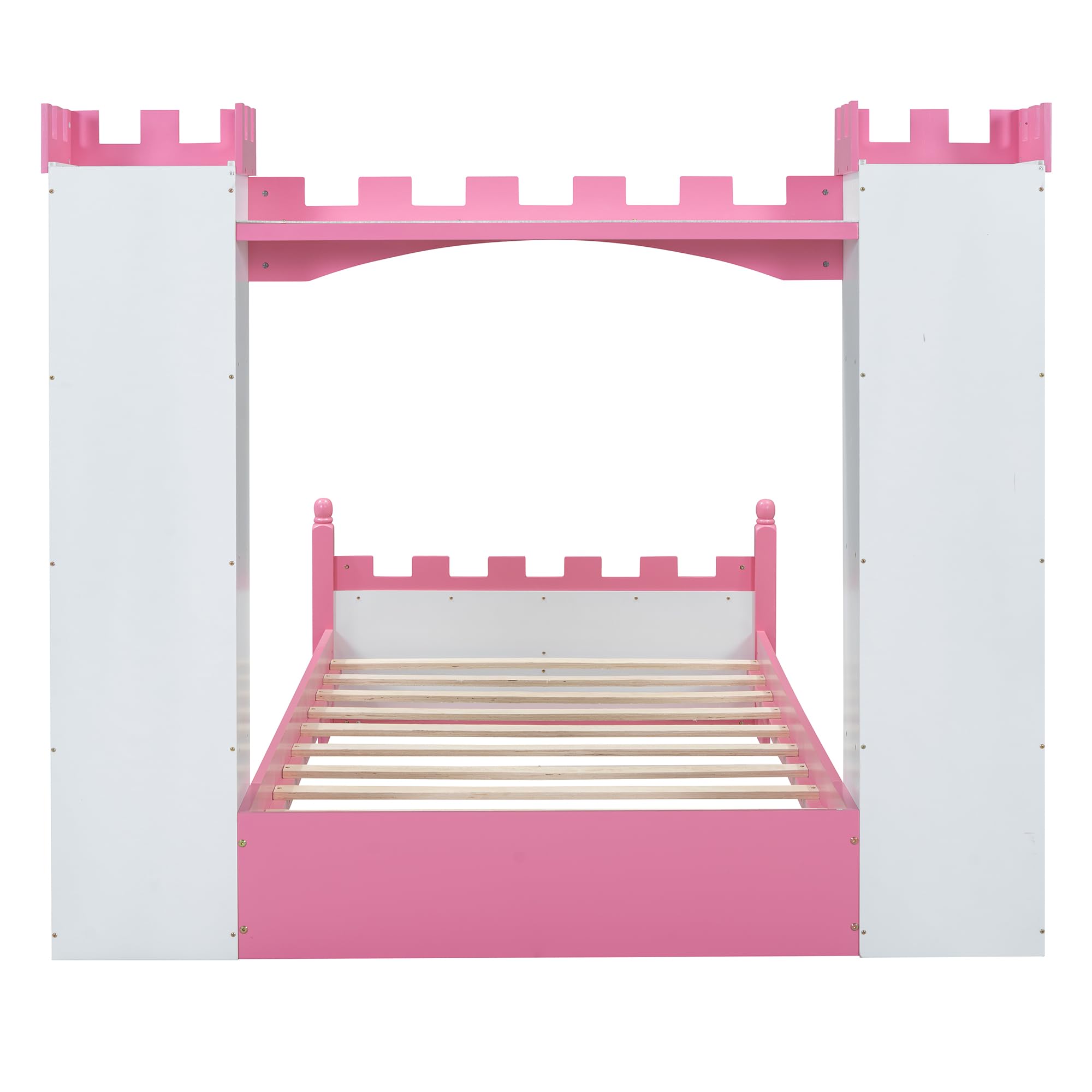 VilroCaz Castle-Shaped Wooden Platform Bed with Storage Shelf, Dreamy Twin Size Kids Platform Bed for Girls Boys Bedroom, Sturdy Slats Support (White+Pink Castle)