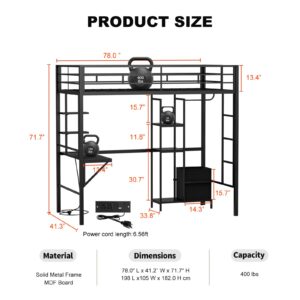 IKIFLY Loft Bed Twin Size with Desk and Storage Shelves, LED Lights & Charging Station, Metal Loft Bed with 13.4” Guardrail and Ladder, Large Fabric Basket, Clothes Rail, No Box Spring Needed, Black