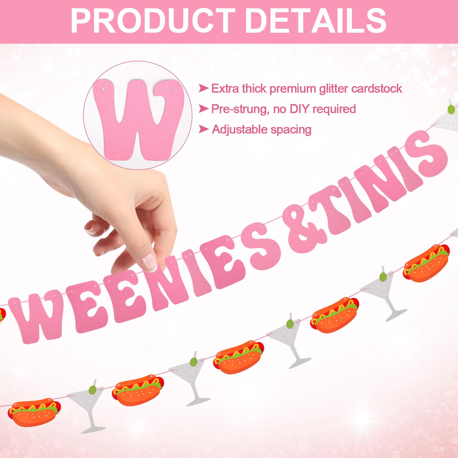 PEUTIER Weenies & Tinis Banner, Pink and Glitter Weenies and Tinis Party Decorations for Martini Themed Party Hot Dog Bar Bachelorette Party Birthday Decorations