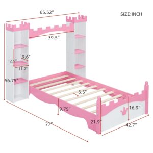 VilroCaz Castle-Shaped Wooden Platform Bed with Storage Shelf, Dreamy Twin Size Kids Platform Bed for Girls Boys Bedroom, Sturdy Slats Support (White+Pink Castle)