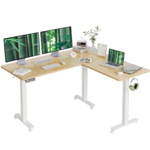 claiks l shaped standing desk adjustable height, dual motor electric corner standing desk, 63x55 inch sit stand up desk with splice board, bamboo