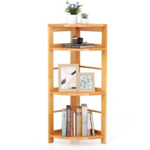 giantex 4-tier corner shelf, 34" bookshelf with rubber wood frame, anti-toppling kit, freestanding storage shelf, corner display rack plant stand for living room, study, bedroom, home, natural