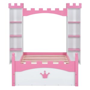 VilroCaz Castle-Shaped Wooden Platform Bed with Storage Shelf, Dreamy Twin Size Kids Platform Bed for Girls Boys Bedroom, Sturdy Slats Support (White+Pink Castle)