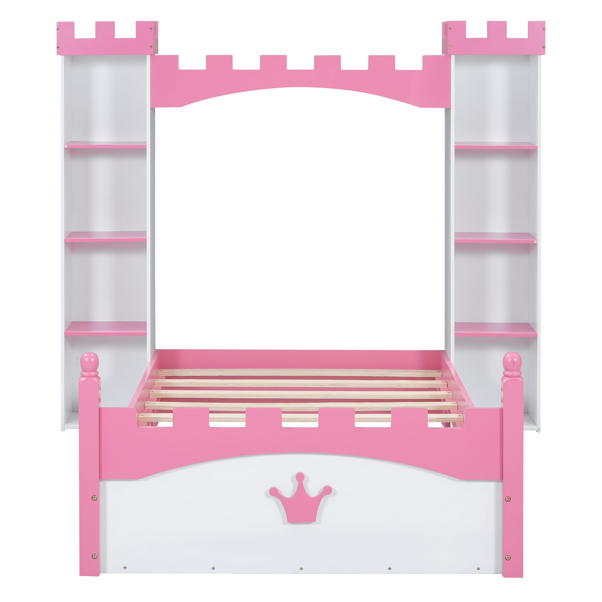 VilroCaz Castle-Shaped Wooden Platform Bed with Storage Shelf, Dreamy Twin Size Kids Platform Bed for Girls Boys Bedroom, Sturdy Slats Support (White+Pink Castle)