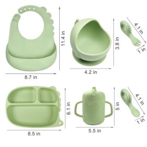 Dinosaur Silicone Baby Feeding Set, Baby Led Weaning Supplies, Dino Shapes Toddler Suction Plate and Bowl with Spoon Fork Sippy Cup Bib, Self Feeding Silicone Tableware, Green