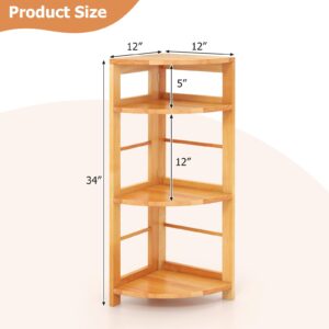 Giantex 4-Tier Corner Shelf, 34" Bookshelf with Rubber Wood Frame, Anti-Toppling Kit, Freestanding Storage Shelf, Corner Display Rack Plant Stand for Living Room, Study, Bedroom, Home, Natural