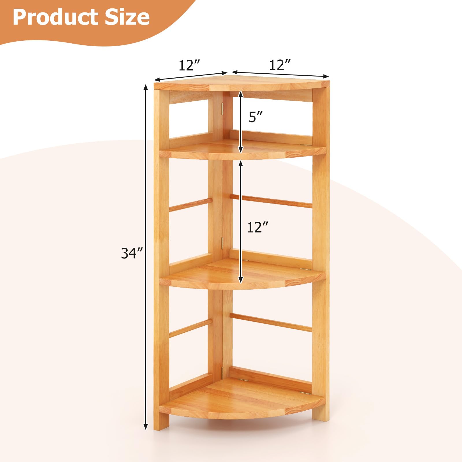 Giantex 4-Tier Corner Shelf, 34" Bookshelf with Rubber Wood Frame, Anti-Toppling Kit, Freestanding Storage Shelf, Corner Display Rack Plant Stand for Living Room, Study, Bedroom, Home, Natural