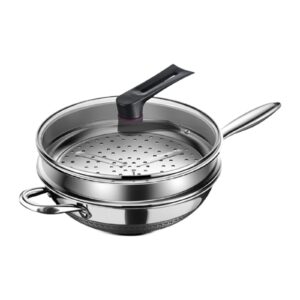 fenteer stainless steel wok pan cooking pot with glass lid and steamer large cookware round bottom for kitchen all cooktops induction, 36cm