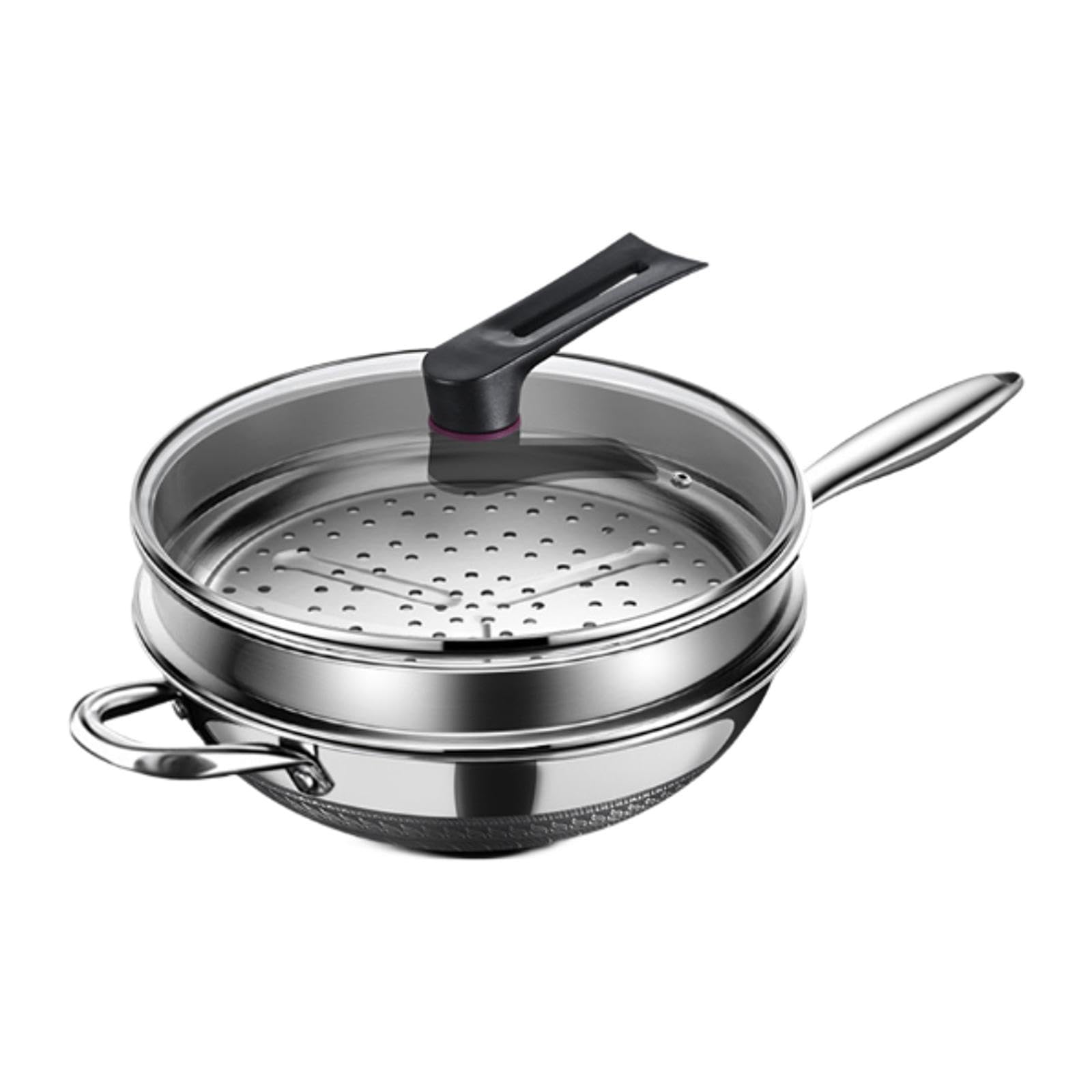 Fenteer Stainless Steel Wok Pan Cooking Pot with Glass Lid and Steamer Large Cookware Round Bottom for Kitchen All Cooktops Induction, 36cm