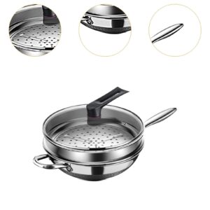 Fenteer Stainless Steel Wok Pan Cooking Pot with Glass Lid and Steamer Large Cookware Round Bottom for Kitchen All Cooktops Induction, 36cm