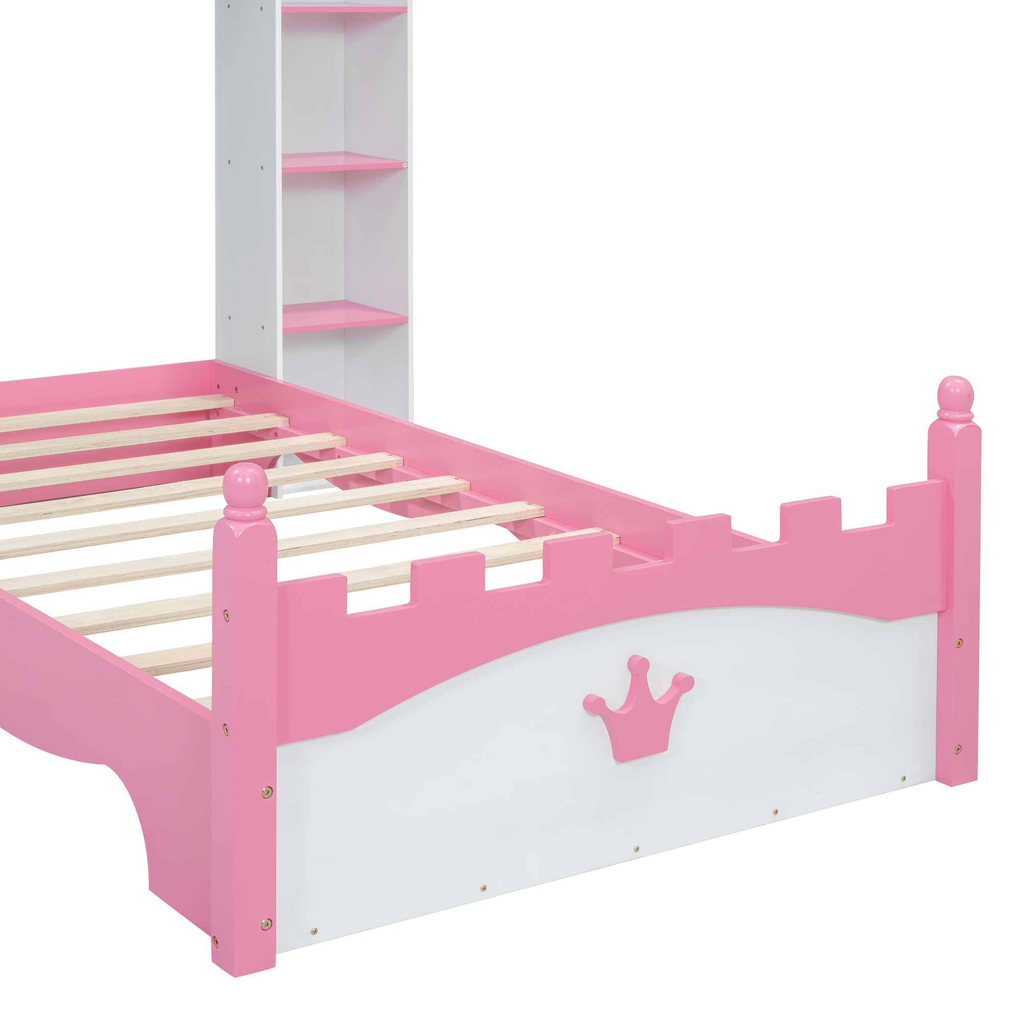 VilroCaz Castle-Shaped Wooden Platform Bed with Storage Shelf, Dreamy Twin Size Kids Platform Bed for Girls Boys Bedroom, Sturdy Slats Support (White+Pink Castle)