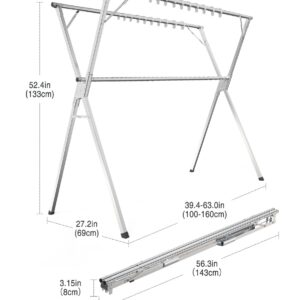 Clothes Drying Rack 63 Inches, Folding Laundry Drying Rack Clothing, Foldable Garment Hanging Drying Rack for Indoor Outdoor, Heavy Duty Collapsible Laundry Hanger Dryer Rack with 20 Windproof Hooks