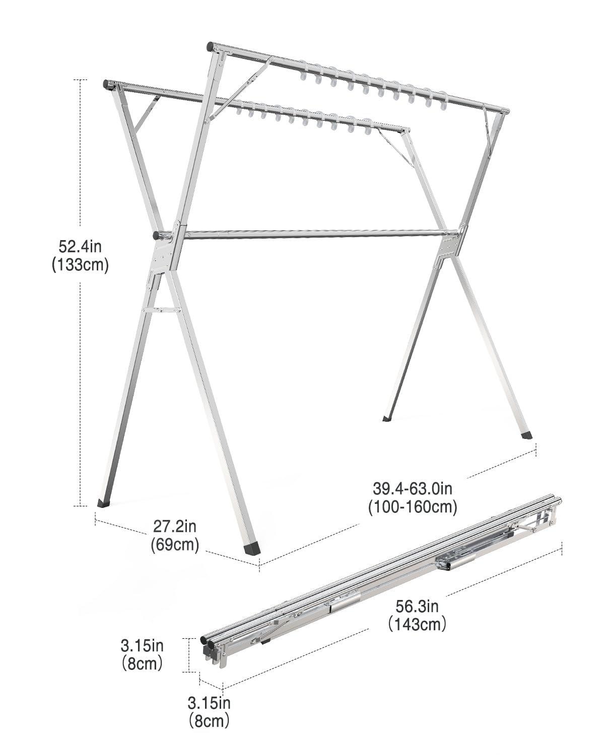 Clothes Drying Rack 63 Inches, Folding Laundry Drying Rack Clothing, Foldable Garment Hanging Drying Rack for Indoor Outdoor, Heavy Duty Collapsible Laundry Hanger Dryer Rack with 20 Windproof Hooks