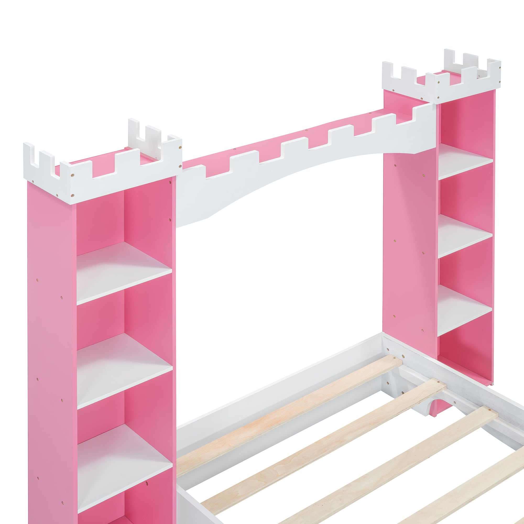 VilroCaz Castle-Shaped Wooden Platform Bed with Storage Shelf, Dreamy Twin Size Kids Platform Bed for Girls Boys Bedroom, Sturdy Slats Support (White+Pink Castle)