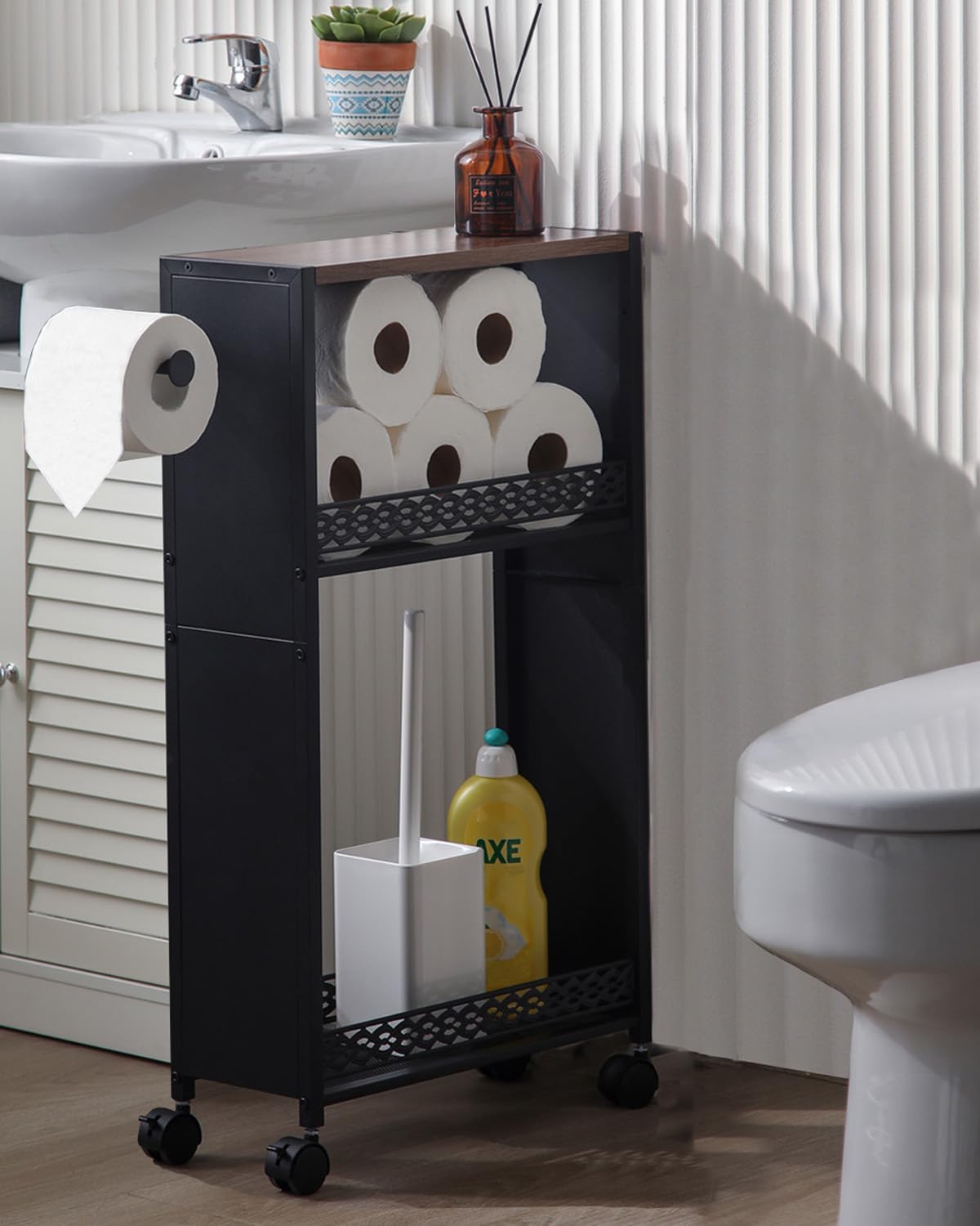 OhuaCason Toilet Paper Holder Stand for Small Bathroom Storage:Skinny Bathroom Storage Cabinet for Small Spaces Tiny Apartment