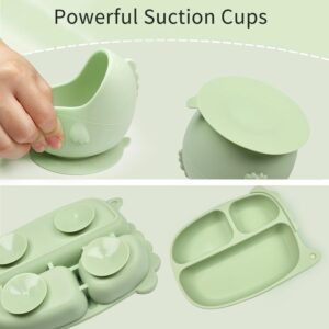 Dinosaur Silicone Baby Feeding Set, Baby Led Weaning Supplies, Dino Shapes Toddler Suction Plate and Bowl with Spoon Fork Sippy Cup Bib, Self Feeding Silicone Tableware, Green