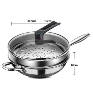 Fenteer Stainless Steel Wok Pan Cooking Pot with Glass Lid and Steamer Large Cookware Round Bottom for Kitchen All Cooktops Induction, 36cm