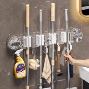 Suction Cup Mop Wall Hanging,Bathroom Row Suction Cup Mop Clip,Sliding Brooms Mop Holders,Organizer Mop And Broom Storage Tool Rack,for Laundry Room