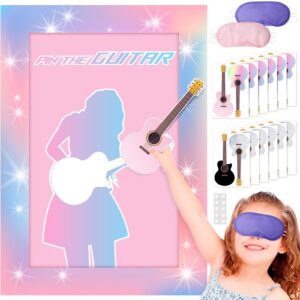 lidmada party decorations pin the guitar on the music super star game, large poster with 24 reusable guitar stickers for pink girls birthday party favors supplies