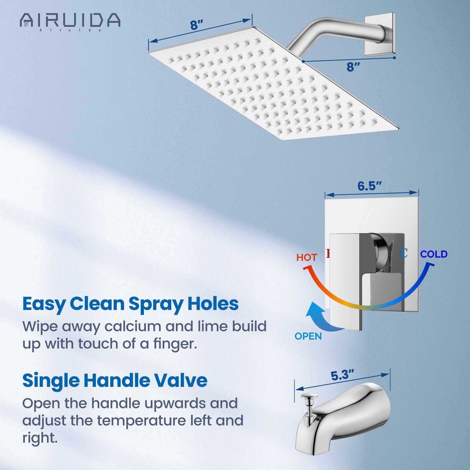 Airuida Bar Sink Faucet Single Hole Single Handle Bathroom Sink Faucet Kitchen Shower Faucet Set with 8 Inch Rainfall Square Showerhead and Tub Spout Bathtub Faucet Kit