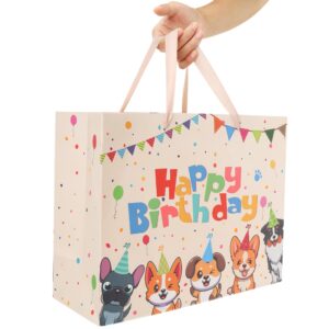 13” Large Dog Happy Birthday Gift Bag Set with Handles, Greeting Card, Tissue Papers and Stickers for Girl Boy Kid Women Men, Cream Puppy Design, 1 Pcs