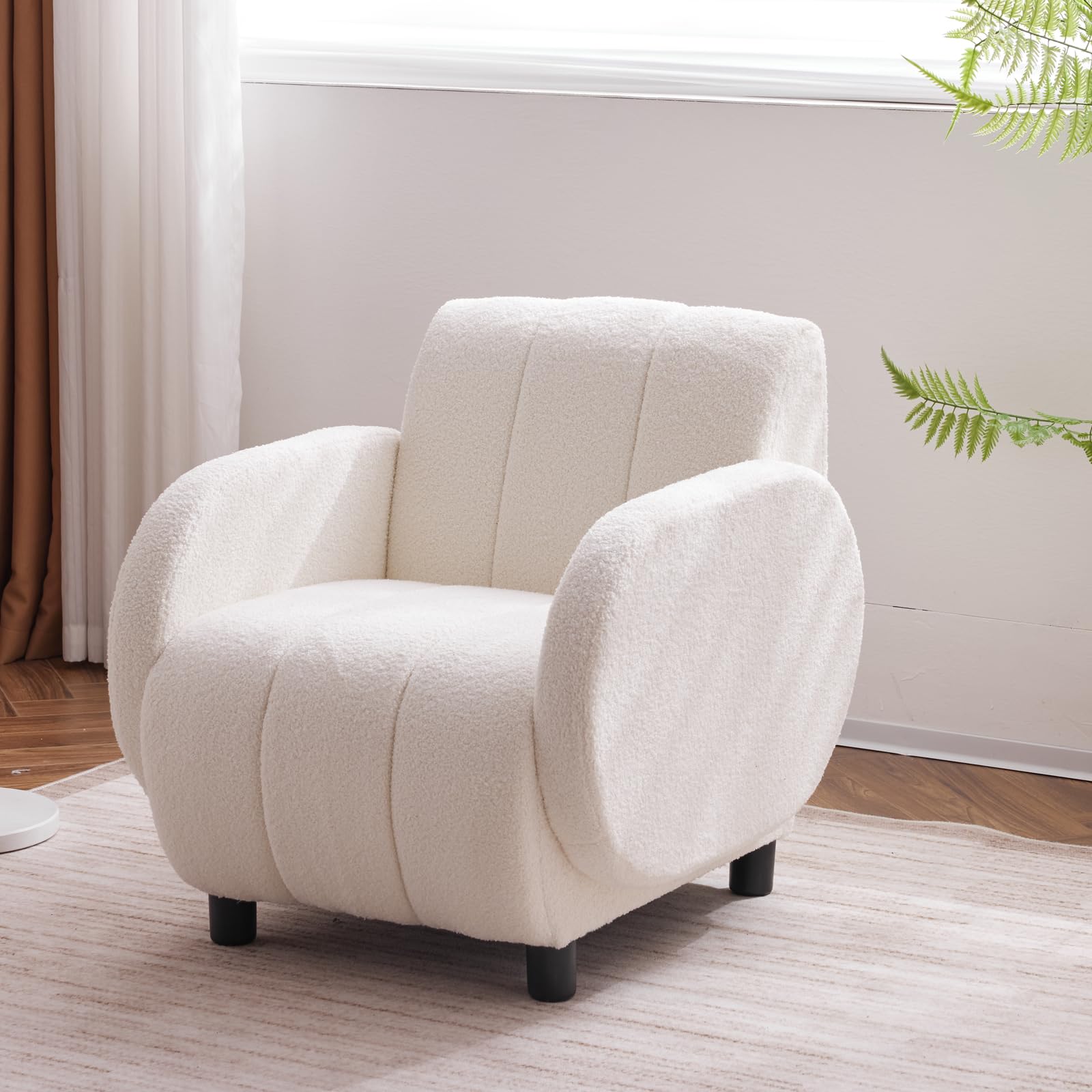 SUNWAVE Accent Chair with Round Armrest and Wood Legs, Soft Teddy Fleece Reading Chair, Boucle Chair for Living Room, Bedroom, Office, Single Sofa Lounge Club Chair