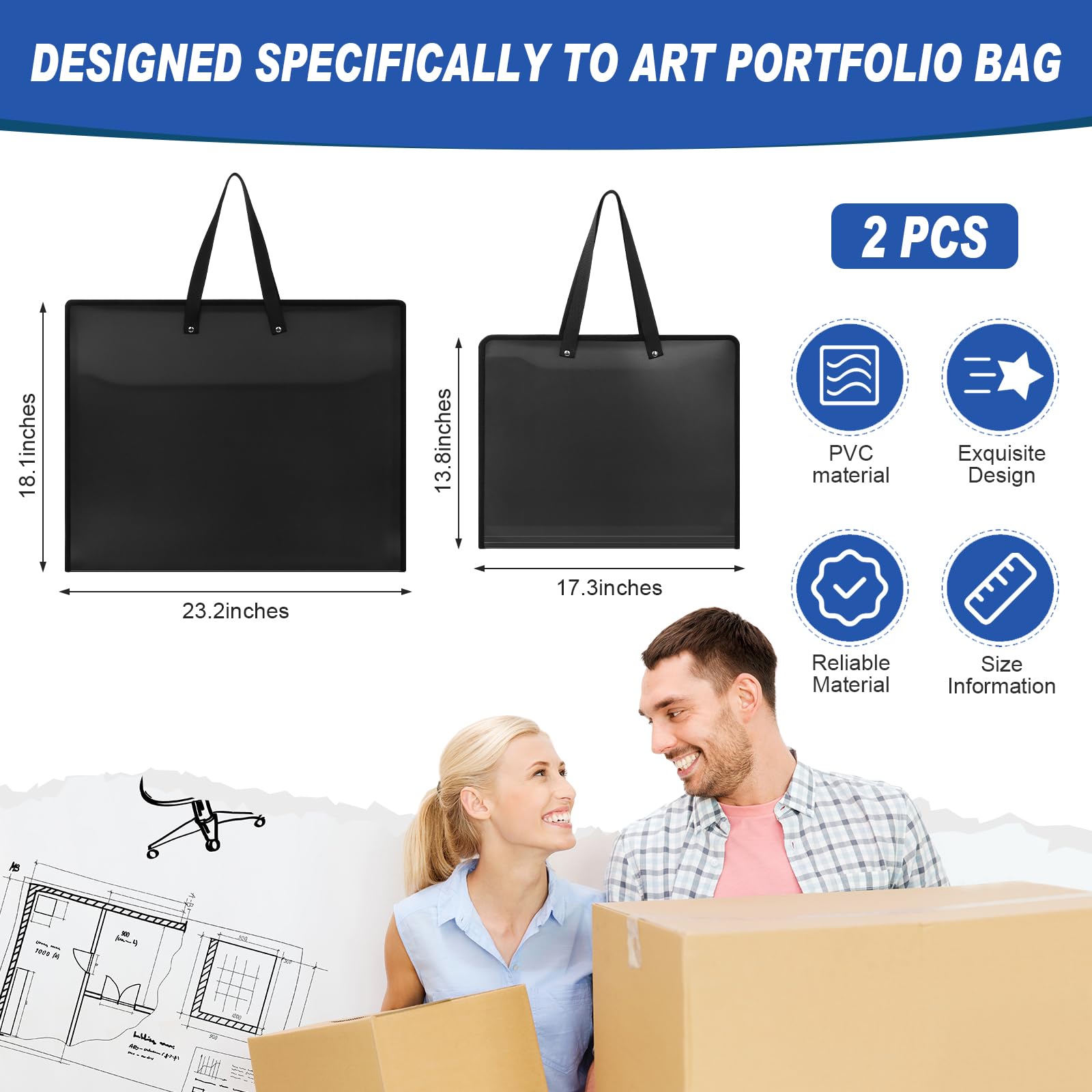 Sinload 2 Pcs Art Portfolio Bag, 17.3 x 13.8 Inches & 23.2 x 18.1inches Art Portfolio Case 8k and 4k Posters Storage Bag with Zipper and Handle Black Portfolio Folder for Artwork Sketch Drawing