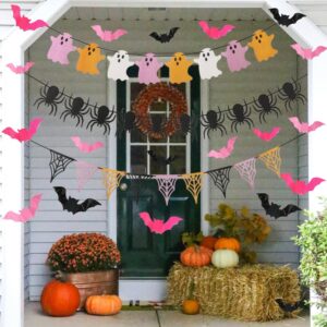 Enanal Halloween Decoration, 51pcs Glittery Ghost Spider and Web Banners with Black Blush 3D Bats Wall Stickers for Happy Halloween Party Supplies Little Boo Cute Halloween Party Decoration