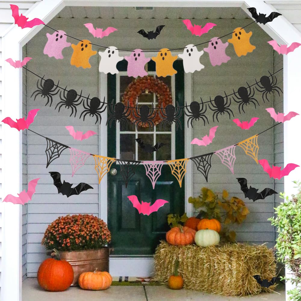 Enanal Halloween Decoration, 51pcs Glittery Ghost Spider and Web Banners with Black Blush 3D Bats Wall Stickers for Happy Halloween Party Supplies Little Boo Cute Halloween Party Decoration